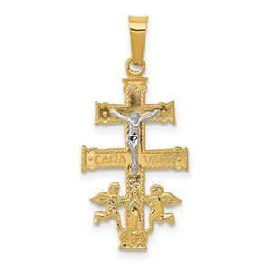14k Two Tone Gold Caravaca Crucifix Cross Pendant, 13 x 28mm